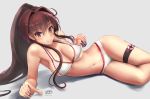  1girl alternate_costume bikini breasts brown_hair cleavage grey_background hair_between_eyes haruto_(harut_n) highres kantai_collection large_breasts long_hair looking_at_viewer lying navel on_side parted_lips ponytail shadow simple_background smile solo swimsuit violet_eyes white_bikini yamato_(kantai_collection) 