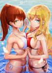  2girls arm bare_arms bare_shoulders bikini blonde_hair blue_eyes breast_press breasts brown_hair cleavage closed_mouth collarbone depth_of_field earrings female green_eyes hand_holding highres interlocked_fingers jewelry kengzeta large_breasts lips long_hair looking_at_viewer midriff multiple_girls navel neck original partially_submerged ponytail red_bikini red_swimsuit side-tie_bikini sideboob smile standing swimsuit symmetrical_docking under_boob water white_bikini white_swimsuit 