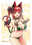  1girl animal_ears bangs bare_shoulders bikini black_bow bow braid breasts cat_ears cat_tail cleavage cowboy_shot dated eyebrows_visible_through_hair fang green_bikini hair_bow halter_top halterneck highres kaenbyou_rin kanzaki_maguro large_breasts long_hair looking_at_viewer navel open_mouth paw_pose red_eyes redhead sketch skull smile solo swimsuit tail touhou twin_braids wrist_cuffs 