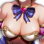  1girl armlet bare_shoulders blue_bow blue_bowtie bow bowtie breasts cleavage close-up commentary_request detached_sleeves female head_out_of_frame heart heart_necklace highres jewelry large_breasts necklace original puffy_detached_sleeves puffy_sleeves quuni solo strapless striped striped_bow striped_bowtie upper_body 