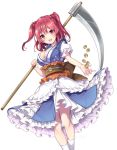  absurdres blush breasts cleavage coin eyebrows_visible_through_hair highres holding holding_scythe holding_weapon jpeg_artifacts kneehighs large_breasts looking_at_viewer onozuka_komachi open_mouth pink_eyes pink_hair puffy_short_sleeves puffy_sleeves risui_(suzu_rks) scythe short_sleeves short_twintails smile teeth touhou twintails weapon white_legwear 