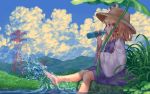  1girl barefoot blonde_hair blue_eyes blue_sky clouds cloudy_sky day drinking grass hair_ribbon hat long_sleeves moriya_suwako outdoors power_lines purple_skirt ramune red_ribbon ribbon sitting skirt skirt_set sky solo splashing summer teiraa touhou tress_ribbon vest water wide_sleeves 