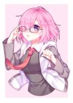  adjusting_glasses bare_shoulders blush eyebrows_visible_through_hair fate/grand_order fate_(series) glasses hair_over_one_eye kan_(rainconan) long_sleeves looking_at_viewer necktie parted_lips pink_hair red_necktie shielder_(fate/grand_order) short_hair violet_eyes 