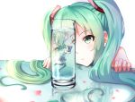  1girl bare_shoulders boots breeze_(wcf) detached_sleeves glass green_eyes green_hair hatsune_miku highres long_hair minigirl skirt submerged thigh-highs thigh_boots twintails vocaloid water white_background zettai_ryouiki 