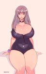  1girl blue_eyes blush breasts choker cleavage curvy grey_hair huge_breasts long_hair looking_at_viewer mole scrunchie sitting smile solo swimsuit tesomu thick_thighs thighs thumb_ring wide_hips zipper 