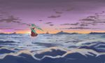  1girl alternate_costume aqua_hair clouds cloudy_sky from_behind hatsune_miku highres long_hair long_twintails painterly scenery sky solo standing standing_on_one_leg sunset twintails vocaloid zhaitengjingcang 