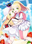  2girls :d :o bag bangs bare_shoulders beach blonde_hair blouse blue_sky blunt_bangs braid clouds cloudy_sky commentary_request cosmog day dress dual_persona duffel_bag flower french_braid green_eyes hat hibiscus highres hug legs lillie_(pokemon) long_hair looking_at_viewer mosu2 multiple_girls multiple_persona ocean open_mouth outdoors outline pleated_skirt poke_ball_theme pokemon pokemon_(creature) pokemon_(game) pokemon_sm ponytail revision sand school_uniform see-through serafuku shoes short_sleeves skirt sky sleeveless sleeveless_dress smile sun_hat sundress white_blouse white_dress white_hat white_outline white_shoes white_skirt 