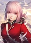  1girl artist_name bangs bird braid breasts commentary_request ecat eyebrows_visible_through_hair fate_(series) feathers florence_nightingale_(fate/grand_order) highres large_breasts long_hair military military_uniform outdoors signature single_braid solo uniform 