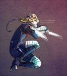  1girl androgynous bandage blonde_hair braid gloves hat knife long_hair mask pointy_ears red_eyes reverse_trap sheik surcoat the_legend_of_zelda the_legend_of_zelda:_ocarina_of_time ticcy weapon zelda_musou 