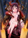  1girl bangs barefoot black_hair candle collarbone commentary_request crown dress feet gauntlets highres holding holding_sword holding_weapon idolmaster idolmaster_cinderella_girls katana long_hair looking_at_viewer marimotencho parted_lips scale_armor shadowverse short_dress sitting solo spaghetti_strap sword tachibana_arisu throne violet_eyes weapon white_dress 