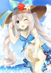  1girl 7_calpis_7 ball beachball blue_eyes blush breasts cleavage eyebrows_visible_through_hair fate_(series) hat highres holding holding_ball jewelry long_hair looking_at_viewer marie_antoinette_(fate/grand_order) medium_breasts necklace one_eye_closed open_mouth silver_hair smile solo sun_hat swimsuit twintails type-moon 