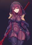  1girl arms_at_sides bangs black_legwear bodysuit breasts covered_navel cowboy_shot fate/grand_order fate_(series) gae_bolg gg-e gluteal_fold highres holding holding_weapon looking_at_viewer medium_breasts parted_lips pauldrons purple_bodysuit purple_hair scathach_(fate/grand_order) smile solo thigh-highs veil violet_eyes weapon 