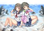  2girls arm_support bangs bare_legs beach black_bra black_shoes blue_skirt blush bra breasts brown_hair cellphone cenangam checkered checkered_skirt closed_mouth commentary_request day eyebrows_visible_through_hair full_body glasses green_eyes hair_ornament hairclip headphones holding holding_phone long_hair loudspeaker medium_breasts multiple_girls neckerchief off_shoulder open_mouth original outdoors phone pink_sweater pleated_skirt red_eyes red_neckerchief school_uniform serafuku shirt shoes short_sleeves siblings sitting skirt smartphone smile socks sweater twins underwear water wet wet_clothes wet_skirt white_legwear white_shirt wind 