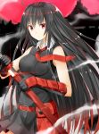  1girl akame akame_ga_kill! belt black_dress black_gloves black_hair breasts dress elbow_gloves eyebrows_visible_through_hair floating_hair gloves hair_between_eyes highres holding holding_sheath holding_sword holding_weapon isshiki_(ffmania7) katana long_hair medium_breasts necktie pleated_dress red_eyes red_necktie sheath short_dress sleeveless sleeveless_dress smoke solo standing sword unsheathing very_long_hair weapon 