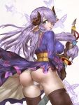  ass black_gloves black_legwear blue_eyes breasts butterfly cowboy_shot demon_horns doraf gloves granblue_fantasy hair_over_one_eye highres holding holding_sword holding_weapon horns japanese_clothes katana large_breasts lavender_hair long_hair looking_at_viewer looking_back low-tied_long_hair narumeia_(granblue_fantasy) pointy_ears sword thigh-highs weapon 