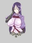  1girl armor black_gloves bodysuit breasts closed_mouth covered_navel elbow_gloves fate/grand_order fate_(series) gloves huge_breasts impossible_bodysuit impossible_clothes japanese_armor kote long_hair looking_at_viewer minamoto_no_raikou_(fate/grand_order) purple_bodysuit purple_hair smile solo taka_(vert_320) upper_body violet_eyes 