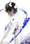  1boy arjuna_(fate/grand_order) artist_name black_hair dark_skin dark_skinned_male fate/grand_order fate_(series) gloves highres long_sleeves looking_to_the_side male_focus mizutame_tori short_hair weapon white_background 