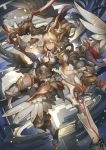  1girl armor blonde_hair cocoaore highres holding holding_sword holding_weapon looking_at_viewer mecha original parted_lips red_eyes sword thigh-highs weapon white_legwear 