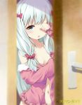  1girl :o aqua_eyes artist_name belly bow breasts character_name commentary copyright_name cowboy_shot door door_handle eromanga_sensei hair_bow izumi_sagiri long_hair looking_at_viewer low-tied_long_hair navel off_shoulder open_clothes open_door open_pajamas pajamas pink_pajamas red_bow rubbing_eyes silver_hair small_breasts solo sony_kisaragi 
