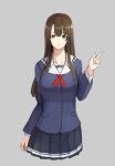  1girl black_skirt breasts brown_eyes brown_hair collarbone katou_megumi large_breasts long_hair long_sleeves looking_at_viewer miniskirt pleated_skirt saenai_heroine_no_sodatekata school_uniform sidelocks skirt smile solo taka_(vert_320) upper_body v 