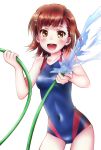  1girl brown_eyes brown_hair competition_swimsuit cowboy_shot hose looking_at_viewer misaka_mikoto one-piece_swimsuit one_eye_closed oooqqq open_mouth short_hair simple_background solo swimsuit to_aru_kagaku_no_railgun to_aru_majutsu_no_index water white_background 
