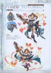  1girl absurdres armor armored_boots bangs bare_shoulders blue_skirt blush boots breasts brown_eyes brown_hair character_name chibi cleavage detached_collar full_body fur_trim gauntlets granblue_fantasy heart highres holding holding_sword holding_weapon idolmaster idolmaster_cinderella_girls knees_together_feet_apart large_breasts minaba_hideo miniskirt navel official_art overskirt scan short_hair simple_background skirt sword thigh-highs tiara totoki_airi twintails weapon white_legwear zettai_ryouiki 