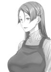  1girl apron bangs breasts commentary_request fate/grand_order fate_(series) greyscale hair_ornament hairclip highres huge_breasts lips long_hair looking_to_the_side minamoto_no_raikou_(fate/grand_order) monochrome open_mouth parted_bangs puyo solo sweater turtleneck turtleneck_sweater white_background 