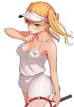  1girl adjusting_strap blonde_hair blush breasts cleavage ishizaka_ryuudai looking_at_viewer medium_breasts orange_eyes original racket short_twintails solo sportswear sweat sweating tennis tennis_racket tennis_uniform twintails white_background wiping_sweat 