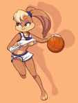  1girl :3 animal animal_ears bare_arms bare_legs bare_shoulders basketball basketball_uniform blonde_hair breasts buck_teeth bunny_girl bunny_tail collarbone eyelashes full_body fur furry gloves green_eyes kempferzero lola_bunny looking_to_the_side looney_tunes navel no_bra no_humans panties panty_peek rabbit rabbit_ears short_hair shorts smile solo space_jam sportswear stomach tail under_boob underwear upshorts white_gloves 