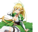  1girl arm_support blonde_hair braid breasts cleavage collarbone green_eyes hair_between_eyes hair_ornament hand_in_hair high_ponytail large_breasts leafa long_hair pointy_ears shorts sitting solo sword_art_online thigh-highs transparent_background twin_braids very_long_hair white_legwear white_shorts 
