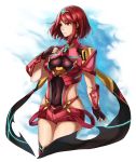  1girl black_gloves breasts covered_navel fingerless_gloves gloves hair_ornament pyra_(xenoblade) kamu_(kamuuei) large_breasts looking_at_viewer red_eyes redhead short_hair shorts sidelocks simple_background solo tiara white_background wide_hips xenoblade xenoblade_2 