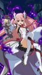  1girl :d armpits boots bow breasts detached_sleeves dress floating hair_between_eyes hair_ornament high_heel_boots high_heels knee_boots krul_tepes long_hair looking_at_viewer open_mouth outstretched_arms owari_no_seraph pink_hair pointy_ears red_bow red_eyes red_ribbon ribbon short_dress sleeveless sleeveless_dress small_breasts smile solo very_long_hair white_boots 