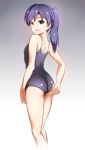  1girl adjusting_clothes adjusting_swimsuit ass blue_hair blue_swimsuit brown_eyes competition_school_swimsuit cowboy_shot from_behind gradient gradient_background grey_background idolmaster kisaragi_chihaya long_hair looking_back ns.x open_mouth ponytail school_swimsuit solo swimsuit 