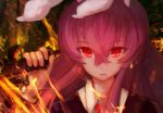 animal_ears bunny_girl chromatic_aberration eyebrows_visible_through_hair gun holding holding_gun holding_weapon imperishable_night long_hair looking_at_viewer parted_lips purple_hair rabbit_ears red_eyes reisen_udongein_inaba rhachen smile touhou weapon 