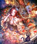  1girl :d bare_shoulders bat blue_rose blush breasts brown_hair building cat ceres_(shingeki_no_bahamut) company_name drill_hair dutch_angle earrings facial_scar flower glint hair_flower hair_ornament hand_on_own_chest heart highres jewelry large_breasts letter long_hair love_letter mouse mouth_hold nail_polish necklace night official_art okada_manabi open_mouth outdoors petals red_nails red_rose rose scar shingeki_no_bahamut shirt skirt smile sparkle violet_eyes watermark white_shirt white_skirt yellow_sclera |_| 