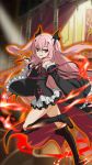  1girl black_boots black_dress black_ribbon boots detached_sleeves dress floating_hair from_side hair_between_eyes hair_ornament highres holding knee_boots krul_tepes looking_at_viewer one_leg_raised owari_no_seraph parted_lips pink_hair pointy_ears red_eyes ribbon short_dress sleeveless sleeveless_dress smile solo violet_eyes 