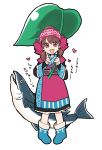  1girl ainu_clothes boots brown_eyes brown_hair dress fish full_body heart highres leaf_umbrella looking_at_viewer osomatsu-kun osomatsu-san short_hair short_twintails simple_background smile solo twintails white_background yowai_totoko 
