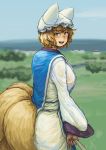  1girl blonde_hair blue_sky blurry blurry_background blush breasts carrying_bag chanta_(ayatakaoisii) cowboy_shot day dress eyebrows_visible_through_hair fox_tail from_side grass hat highres horizon house large_breasts long_sleeves looking_at_viewer looking_to_the_side multiple_tails nose_blush outdoors pillow_hat round_teeth shiny shiny_hair short_hair sky smile solo tabard tail teeth texture tongue touhou tree walking white_dress yakumo_ran yellow_eyes 