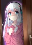  1girl amasajithira aura bangs blank_stare blue_eyes bow closed_mouth commentary_request dark door doorknob empty_eyes eromanga_sensei expressionless eyebrows_visible_through_hair hair_bow hair_ribbon hand_on_own_chest hand_up headset highres indoors izumi_sagiri long_hair long_sleeves looking_at_viewer opening_door pajamas pink_bow pink_pajamas ribbon shaded_face silver_hair solo tareme tress_ribbon upper_body 