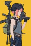  1girl assault_rifle backpack bag belt black_gloves closed_mouth cowboy_shot crossover fingerless_gloves flat_chest from_side gloves gun heckler_&amp;_koch helmet highres hk416 imi_uzi kantai_collection looking_at_viewer mask mask_on_head pink_eyes pink_hair playerunknown&#039;s_battlegrounds profile rifle ruisento short_hair simple_background solo submachine_gun tank_top trigger_discipline weapon welding_mask yellow_background z3_max_schultz_(kantai_collection) 