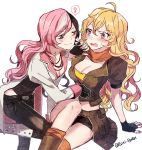  2girls belt blonde_hair blush boots breasts brown_eyes brown_hair cleavage ecru fingerless_gloves gloves heterochromia hips jewelry knee_boots large_breasts long_hair medium_breasts midriff multicolored_hair multiple_girls necklace neo_(rwby) pants pink_eyes pink_hair rwby tight tight_pants twitter_username violet_eyes waist_cape wavy_hair white_background yang_xiao_long yuri 
