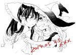  2girls :d ascot blush bow braid clothes_pull commentary couple dated forehead-to-forehead hair_bow hakurei_reimu hat hug hug_from_behind incipient_kiss kirisame_marisa long_hair monochrome multiple_girls noses_touching open_mouth shared_hat single_braid smile touhou undressing wavy_hair witch_hat yonu_(yonurime) yuri 