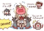  &gt;_&lt; 4girls absurdres ahoge black_shoes blonde_hair blush blush_stickers chibi chinese closed_eyes commentary corset dress embarrassed english female_admiral_(kantai_collection) full-face_blush glasses globus_cruciger hands_in_sleeves hat headset highres kantai_collection kongou_(kantai_collection) lightning_bolt long_hair long_sleeves machinery mary_janes military military_hat military_uniform multiple_girls naval_uniform off-shoulder_dress off_shoulder ooyodo_(kantai_collection) opaque_glasses open_mouth peaked_cap pin.s scepter shoes short_hair simple_background sleeves_past_wrists smile sparkle standing translated uniform warspite_(kantai_collection) white_background white_dress 