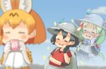  3girls :3 =_= animal_ears backpack bag black_gloves black_hair blonde_hair bucket_hat closed_eyes drooling eating elbow_gloves food glasses gloves green_hair hat hat_feather japari_bun kaban_(kemono_friends) kemono_friends long_hair mirai_(kemono_friends) multiple_girls no_nose pozesuke serval_(kemono_friends) serval_ears serval_print short_hair short_sleeves sparkle white_gloves 