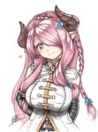  1girl arms_behind_back black_gloves blue_bow blue_eyes blush bow braid breasts closed_mouth commentary doraf elbow_gloves gloves granblue_fantasy hair_bow hair_ornament hair_over_one_eye head_tilt heart highres horns isaki_tanaka large_breasts narumeia_(granblue_fantasy) pink_hair pointy_ears signature smile solo traditional_media upper_body white_background 