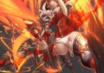  1girl absurdres aliza_(granblue_fantasy) breasts fire full_body granblue_fantasy headpiece highres horns jojaow kicking large_breasts long_hair pointy_ears ponytail red_eyes short_shorts shorts silver_hair stance thigh-highs very_long_hair white_shorts 