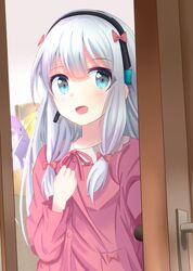  1girl :d amasajithira bangs bed bedroom blue_eyes bow chair commentary door doorknob eromanga_sensei eyebrows_visible_through_hair hair_bow hair_ribbon hand_on_own_chest hand_up headset highres indoors izumi_sagiri long_hair long_sleeves looking_at_viewer open_mouth opening_door pajamas pink_bow pink_pajamas ribbon silver_hair smile solo stuffed_animal stuffed_toy tareme tress_ribbon upper_body 