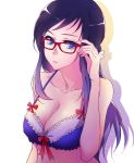  1girl blue_bra blue_eyes blue_hair bra breasts cleavage dokidoki!_precure glasses hishikawa_rikka long_hair looking_to_the_side medium_breasts negom precure red-framed_eyewear solo underwear upper_body 