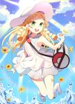  1girl :d absurdres armpits artist_name azit_(down) bag bangs bare_arms bare_shoulders blonde_hair blue_sky blunt_bangs braid breasts clouds collarbone collared_dress day dress duffel_bag flower full_body green_eyes hat highres knees_together_feet_apart lillie_(pokemon) long_hair looking_at_viewer open_mouth petals poke_ball_theme pokemon pokemon_(game) pokemon_sm see-through shoes sky sleeveless sleeveless_dress small_breasts smile solo sun sun_hat sundress sunflower sunlight teeth twin_braids water_drop white_dress white_hat white_shoes wing_collar 