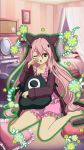 1girl animal_ears animal_hood barefoot bed bedroom cat_ears cat_tail collarbone fake_animal_ears full_body highres hood hooded_jacket indoors jacket krul_tepes long_hair looking_at_viewer one_eye_closed open_mouth owari_no_seraph pillow pink_hair pink_pajamas pointy_ears red_eyes sitting solo tail very_long_hair 